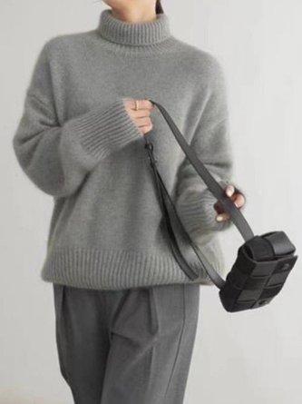 Women Plain Turtleneck Long Sleeve Street Daily Winter Sweater