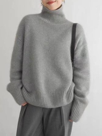 Women Plain Turtleneck Long Sleeve Street Daily Winter Sweater