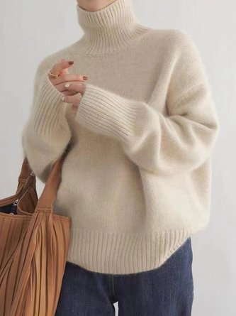 Women Plain Turtleneck Long Sleeve Street Daily Winter Sweater