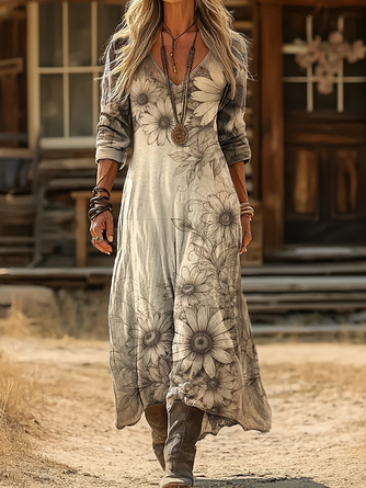 Floral V Neck Printing Vintage Spring Fall Daily Maxi H Line Dress