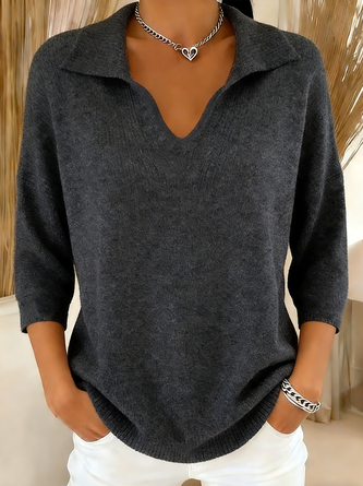 Women Plain V Neck Long Sleeve Vintage Holiday Winter Sweater