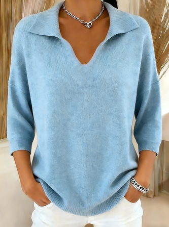 Women Plain V Neck Long Sleeve Vintage Holiday Winter Sweater