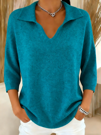 Women Plain V Neck Long Sleeve Vintage Holiday Winter Sweater