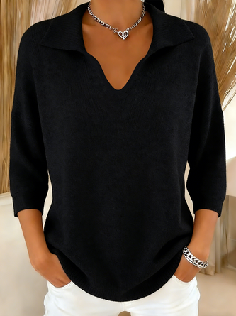 Women Plain V Neck Long Sleeve Vintage Holiday Winter Sweater