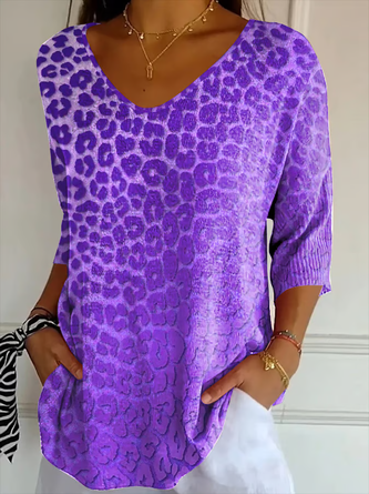Leopard V Neck Three Quarter Sleeve Casual Daily Spring Fall T shirt