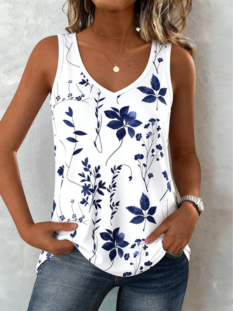 Floral V Neck Cotton Blend Sleeveless Casual Daily Summer Tank Top