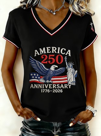 America Flag V Neck Cotton Blend Short Sleeve Casual Holiday Summer T shirt