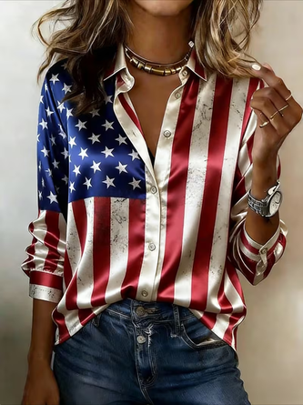 America Flag Shawl Collar Long Sleeve Casual Daily Spring Fall Shirt