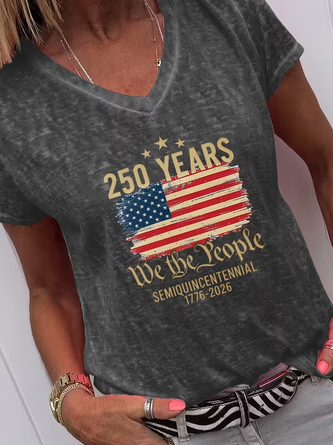 Text Letters V Neck Jersey Short Sleeve Casual Holiday Summer T shirt