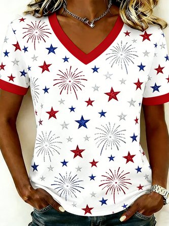 Star V Neck Short Sleeve Casual Daily Summer T shirt