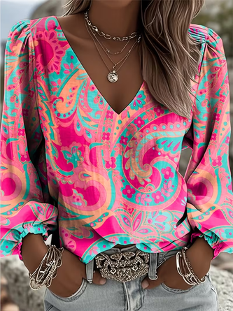 Floral V Neck Long Sleeve Casual Daily Spring Fall Blouse
