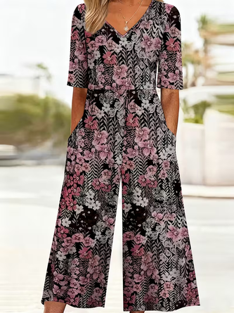 Floral V Neck Half Sleeve Printing Casual Summer Jumpsuit