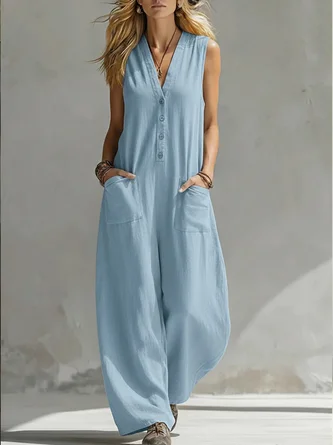 Plain V Neck Sleeveless Split Joint Casual Cami Summer Jumpsuit
