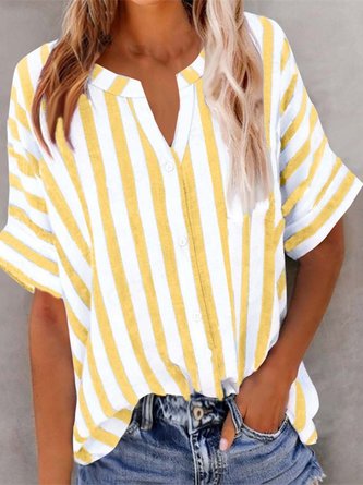 Striped V Neck Half Sleeve Casual Daily Summer Shirt