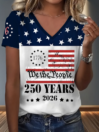Text Letters V Neck Short Sleeve Vintage Holiday Summer T shirt