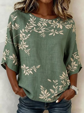 3D Printing Crew Neck Cotton Linen Half Sleeve Vintage Daily Summer Shirt