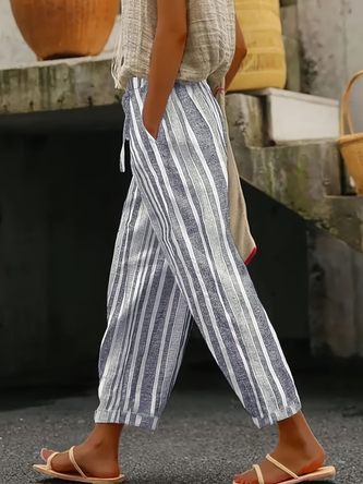 Striped Linen Blend Casual Printing Pant Daily Spring Fall Straight Pants