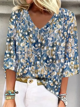 Random Print V Neck Short Sleeve Elegant Daily Summer T shirt
