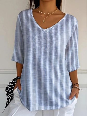 Striped V Neck Three Quarter Sleeve Casual Daily Spring Fall T shirt