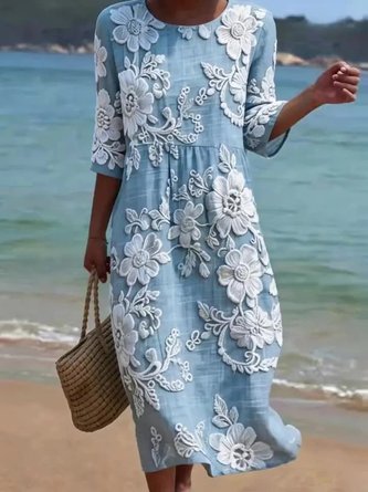 Floral Linen Blend Vintage Summer Daily Midi Line Dress