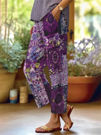 Ethnic Geometry Linen Blend Casual Printing Pant Daily Spring Fall Straight Pants