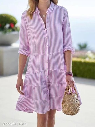 Striped Polyester Cotton Shawl Collar Printing Shirt Dress Vintage Spring Fall Daily Midi Line Dress