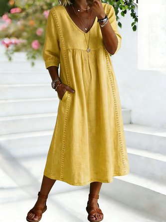 Plain Cotton Linen V Neck Fit & Flare Dress Casual Summer Daily Midi Line Dress