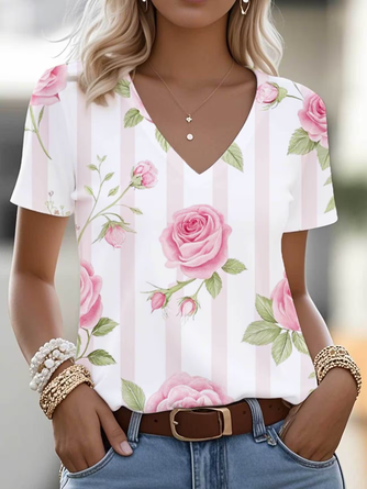 Striped V Neck Short Sleeve Vintage Holiday Summer T shirt