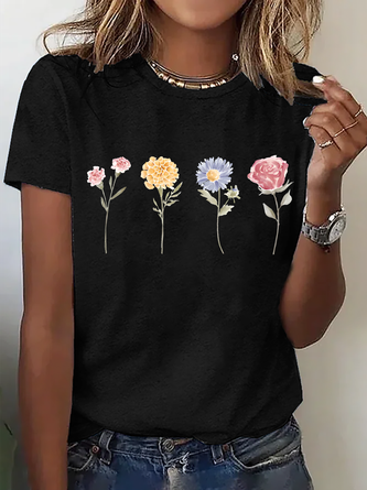 Floral Crew Neck Cotton Short Sleeve Vintage Daily Summer T shirt