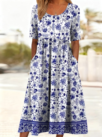 Floral Crew Neck Printing Shift Dress Casual Summer Daily Maxi H Line Dress