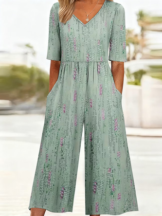 Abstract V Neck Half Sleeve Printing Casual Summer Jumpsuit