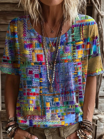 Abstract Crew Neck Jersey Short Sleeve Casual Daily Summer T shirt