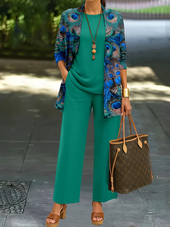 Peacock Long Sleeve Piece Set Casual Printing Spring Fall Crew Neck Matching Outfit