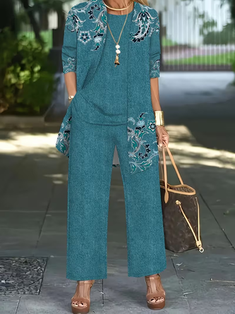 Floral Long Sleeve Piece Set Casual Printing Spring Fall Crew Neck Matching Outfit