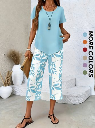 Floral Short Sleeve Top Pants Casual Summer Crew Neck Two Piece Set