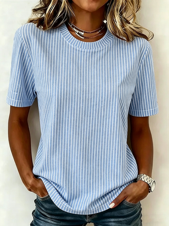 Striped Crew Neck Cotton Short Sleeve Casual Daily Summer T shirt
