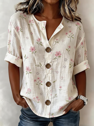 Floral Stand Collar Linen Blend Long Sleeve Vintage Daily Spring Fall Shirt