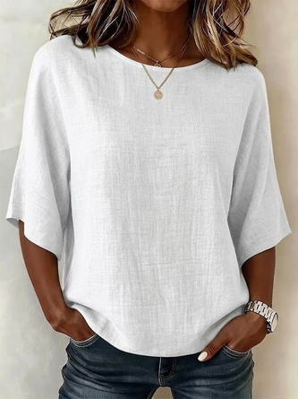 Plain Crew Neck Half Sleeve Vintage Daily Summer Blouse