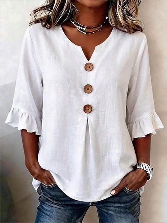 Plain V Neck Half Sleeve Vintage Daily Summer Blouse