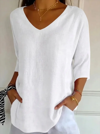 Plain V Neck Three Quarter Sleeve Casual Daily Spring Fall T shirt
