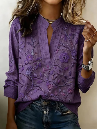 Floral V Neck Cotton Blend Long Sleeve Vintage Daily Spring Fall Blouse