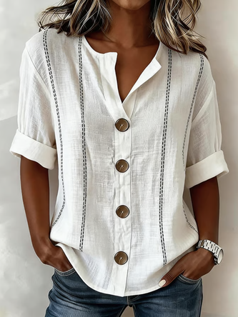 Striped Stand Collar Linen Blend Long Sleeve Vintage Daily Spring Fall Shirt
