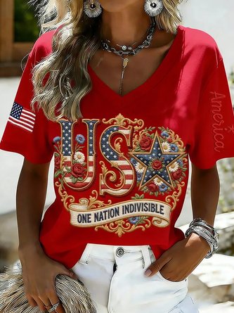 Floral V Neck Short Sleeve Casual Daily Summer T shirt