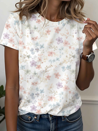 Floral Crew Neck Jersey Short Sleeve Casual Daily Summer T shirt