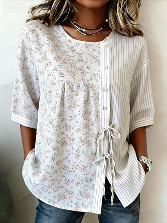 Striped Crew Neck Half Sleeve Vintage Daily Summer Shirt