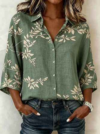 Botanical Pattern Shawl Collar Cotton Linen Half Sleeve Vintage Daily Summer Blouse