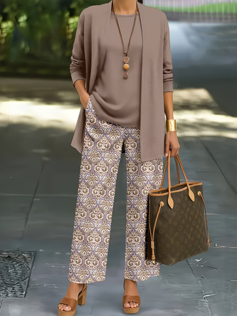 Abstract Long Sleeve Piece Set Casual Printing Spring Fall Crew Neck Matching Outfit