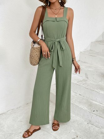 Plain Cotton Blend Square Neck Sleeveless Split Joint Casual Cami Summer Jumpsuit