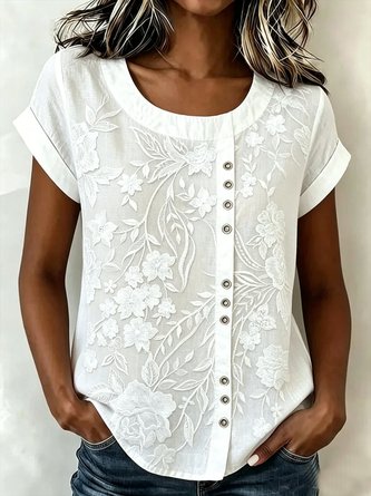 3D Printing Crew Neck Linen Blend Short Sleeve Casual Daily Summer Blouse
