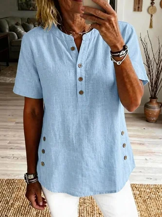 Plain Stand Collar Cotton Linen Short Sleeve Casual Daily Summer Shirt